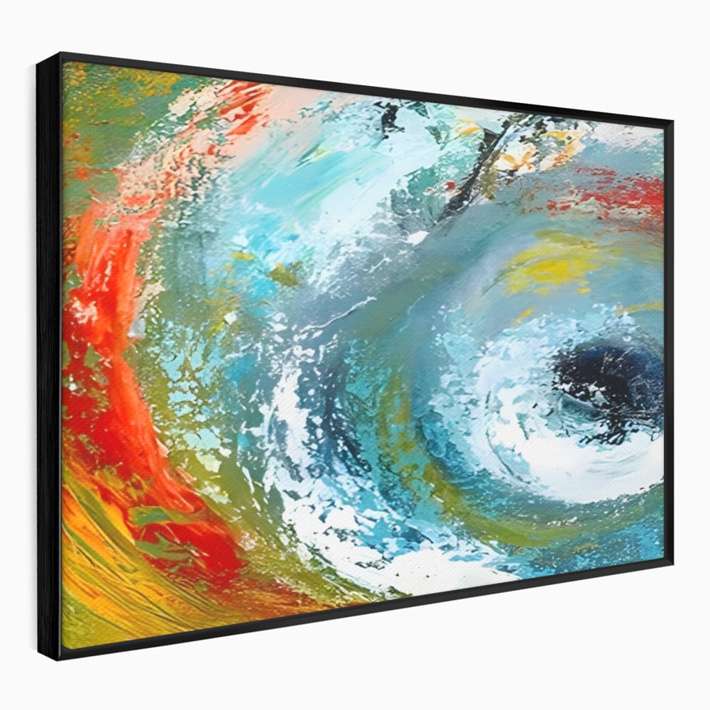 Tablou canvas cu pictura abstracta cu vartej de culori, in rama de aluminiu negru